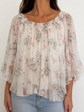 Viola Borghi Italy 100% Silk Floral Off Shoulder Boho Blouse 2X